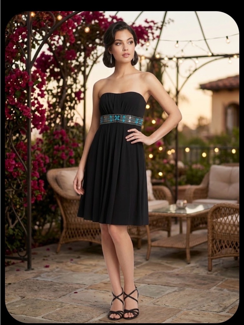 White House Black Market Black Strapless Cocktail Dress with Blue Beaded Waist